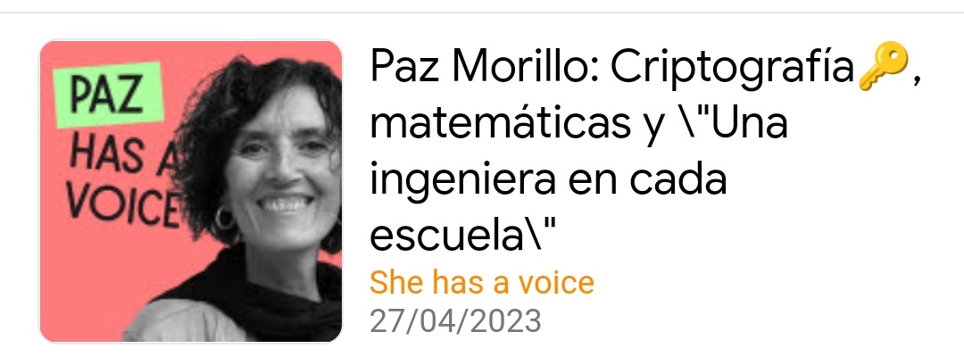 #SheHas_a_Voice publica avui, dia de #GirlsInICT, el podcast de la professora Paz Morillo d' <a href="/UPCTelecos/">UPC Telecos 📡</a> de <a href="/la_UPC/">Universitat Politècnica de Catalunya (UPC)</a> . Matemàtica. Criptògrafa i impulsora del projecte #UnaEnginyera_a_CadaEscola

ivoox.com/paz-morillo-cr…