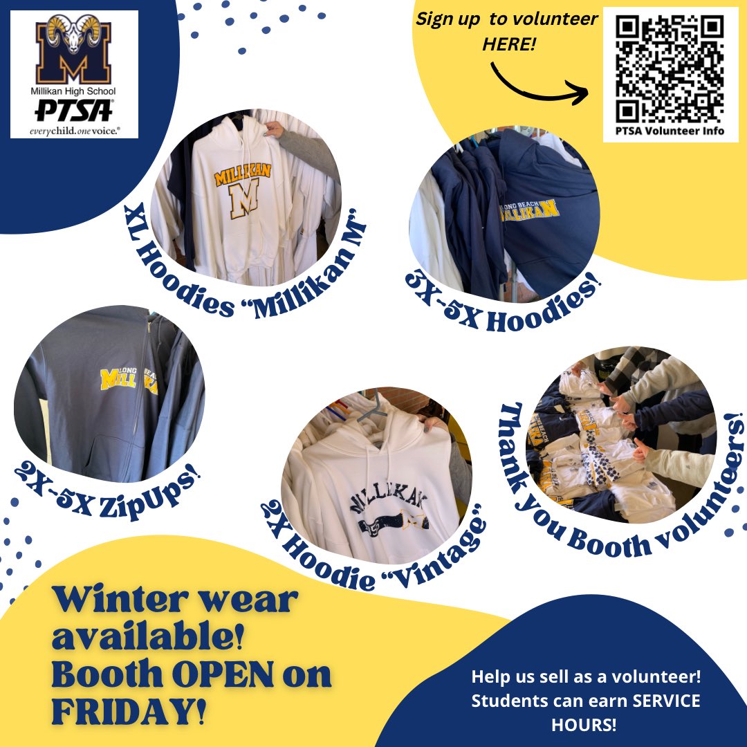 Our FINAL spirit wear SALE of the year! Friday at lunch 12-12:30pm. New and veteran volunteers are welcome to help. Our next spirit wear sales will be during orientation week in late August. See you at the booth!!! #lbmillikanptsa #bettertogether