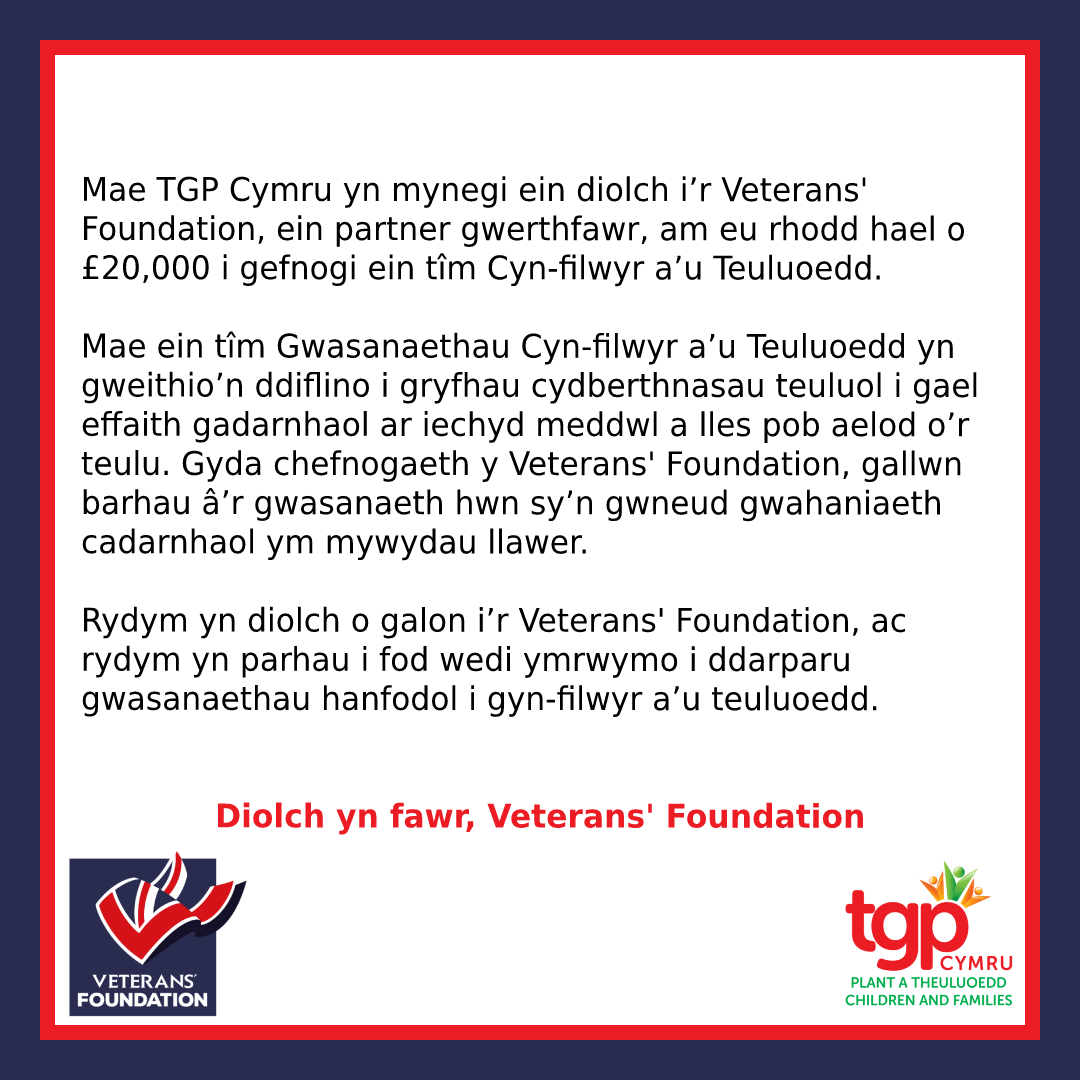 TGP Cymru (@tgpcymru) on Twitter photo Diolch i’n partneriaid, <a href="/VeteransFdn/">Veterans’ Foundation</a>, am eu rhodd hael i’n tîm Gwasanaethau Cyn-filwyr a’u Teuluoedd! Bydd eich rhodd yn mynd tuag at wella bywydau cyn-filwyr a’u teuluoedd. Diolch i’n partneriaid, <a href="/VeteransFdn/">Veterans’ Foundation</a>, am eu rhodd hael i’n tîm Gwasanaethau Cyn-filwyr a’u Teuluoedd! Bydd eich rhodd yn mynd tuag at wella bywydau cyn-filwyr a’u teuluoedd.