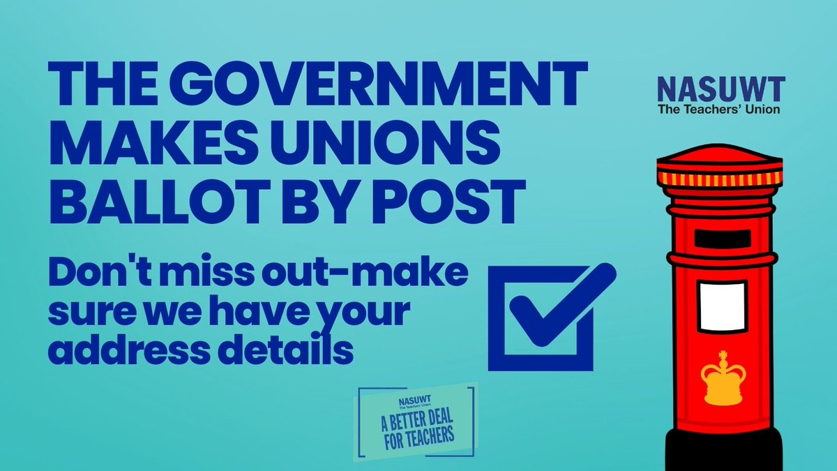 We are building for a further ballot of members in England.

The law means we have to ballot by post-we are not allowed to ballot online.  

So it's really important we have your correct address details. 

Update your address &amp; other contact details here: nasuwt.org.uk/contact-us/upd…