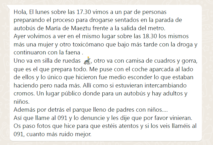 Seguimos con el problema de la venta de droga en el barrio y el consumo en la vía pública a la vista de todos a plena luz del día.