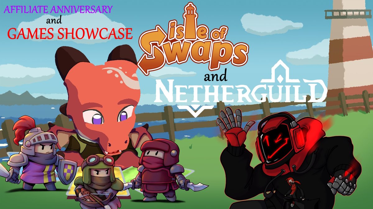 We're live showcasing two lovely indie games today, Isle of Swaps by @FuzzForce and Netherguild by @DavidCodeAndArt! It's also the anniversary of me becoming an affiliate on Twitch! We're starting with Isle of Swaps so come hang out!  twitch.tv/domereaper