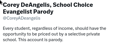 Corey DeAngelis, School Choice Evangelist Parody tweet media