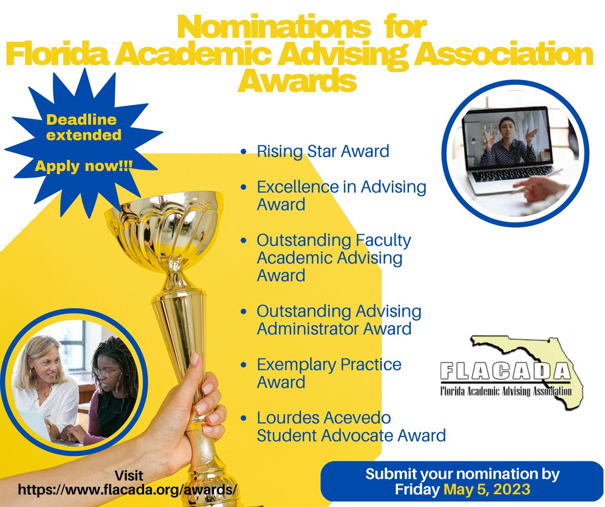 FLACADAFL's tweet photo. Time is running out, nominate worthy colleagues, employees, or faculty deserving some recognition among their advising peers!

Register for the May 12 conference today as well!

Visit https://t.co/WCzZ8b9A3E for nominations and conference registration. https://t.co/JEafWoRL7F