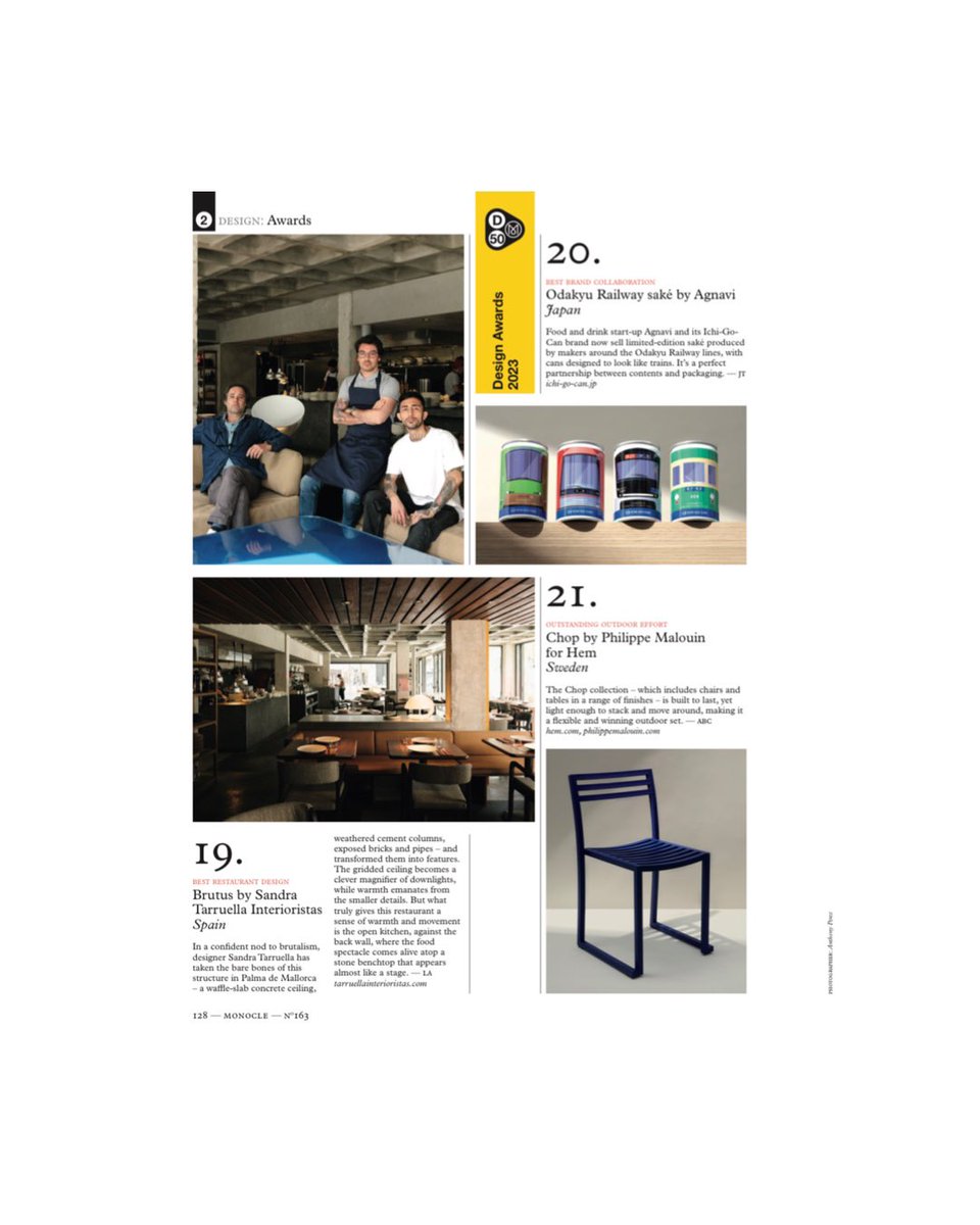 We are very happy that <a href="/MonocleMag/">Monocle Magazine</a> has awarded our interior design project Brutus as The Best Restaurant Design at the Monocle Design Awards 2023. Many thanks to all Monocle’s team!Many thanks also to Perico Cortés for the trust he has placed in our studio to design this project