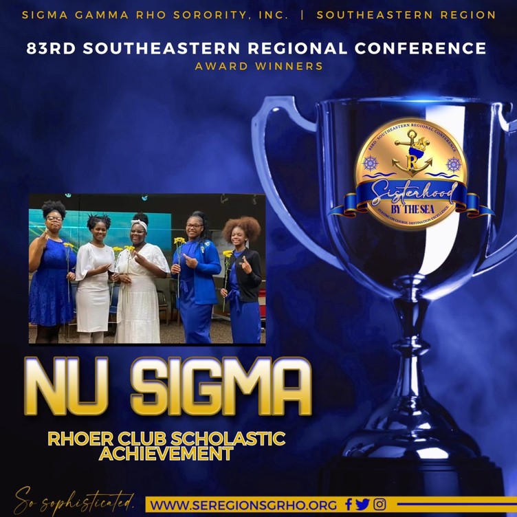 SRhoers's tweet photo. Congratulations to the Nu Sigma Rhoer Club from Jackson, TN for winning the Rhoer Club Scholastic Achievement Award at the recent 83rd Southeastern Regional Conference held in Myrtle Beach, SC, April 13-16, 2023.
#SER83 #SisterhoodByTheSea #SophisticatedSER https://t.co/Zk9bRMMdZm
