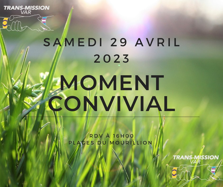 Bonjour à toustes ! 
Le prochain moment de convivialité ouvert aux personnes trans', en questionnement, inter' et leurs proches se tiendra le samedi 29 avril à partir de 16h au plages du mourillion, près du skate park
A bientôt et au plaisir de vous (re)voir !