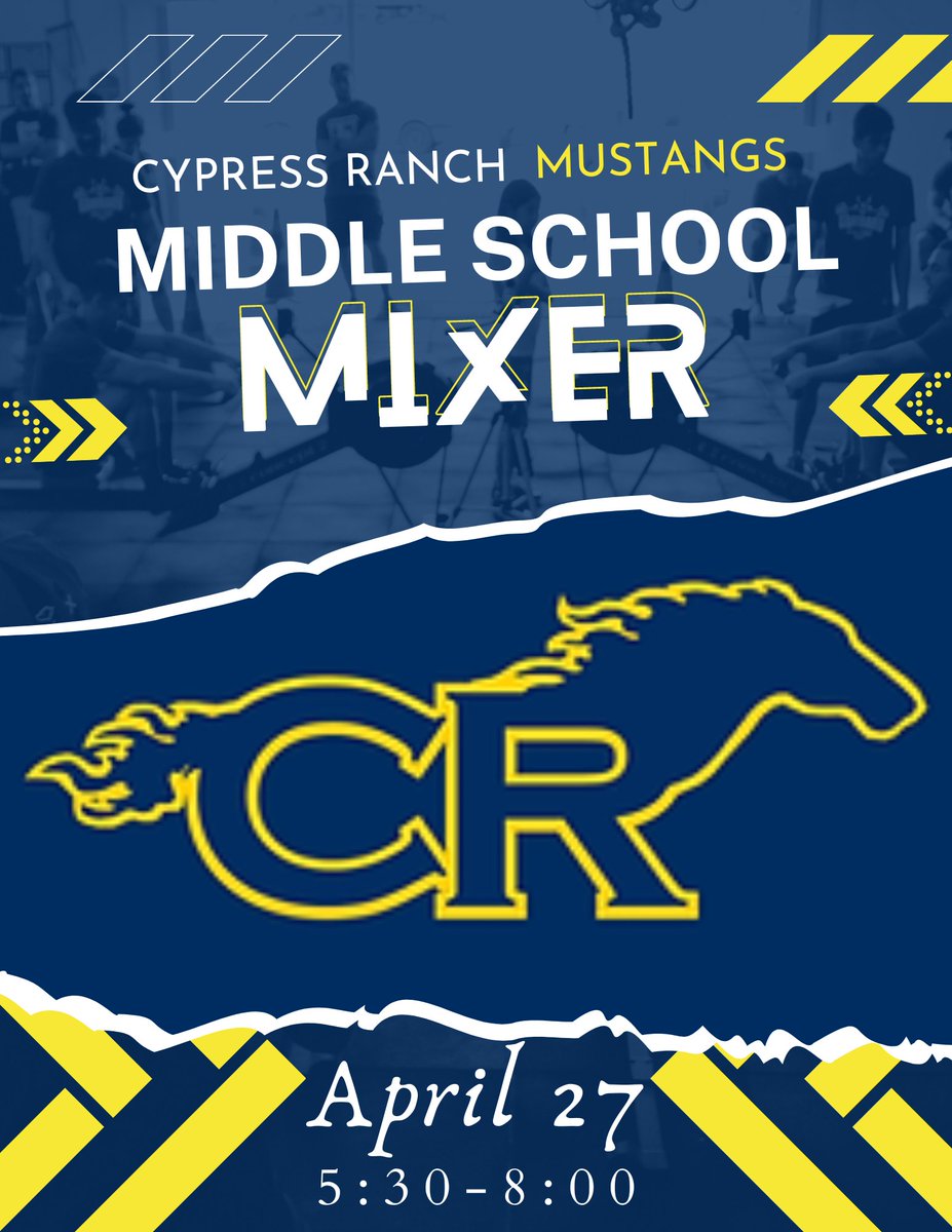 TONIGHT! We're excited to welcome all incoming freshmen to our first Mustang Middle School Mixer! 

Doors open at 5:30 p.m. You can enter through the front of the school building or the doors by the commons. 

#MWT