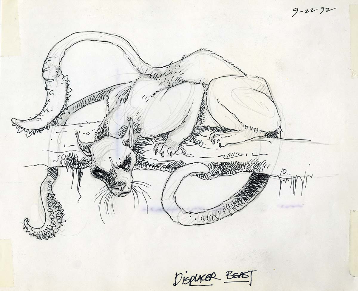 TonyDiTerlizzi's tweet photo. Throwing it back to my 1993 rendition of the iconic #dungeonsanddragons monster, the Displacer Beast, for the "AD&amp;D Monstrous Annual". Also, the preliminary drawing and color sketch, as well as the reference I used from a @DoverBookshop collection of 19th c. engravings. #Tbt https://t.co/IxKbeJTFUI