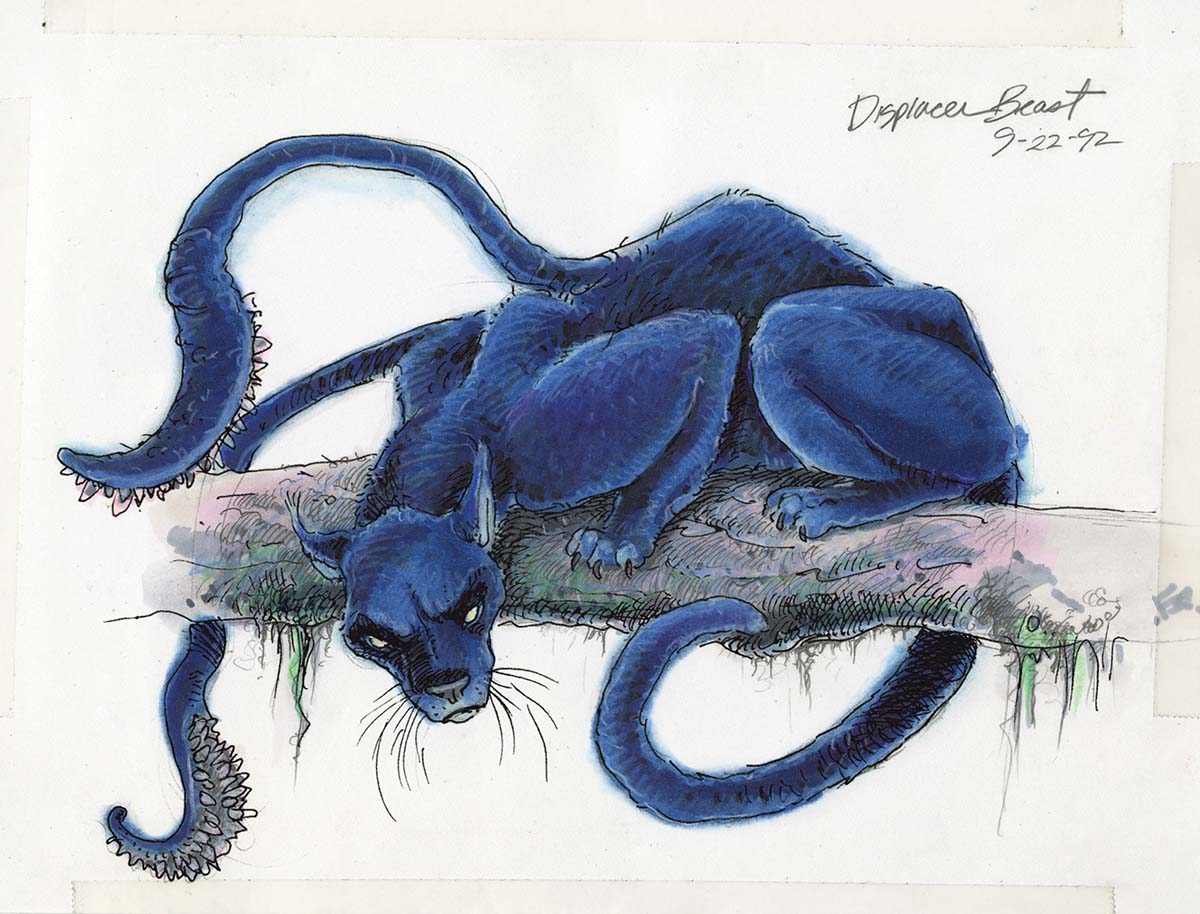 TonyDiTerlizzi's tweet photo. Throwing it back to my 1993 rendition of the iconic #dungeonsanddragons monster, the Displacer Beast, for the "AD&amp;D Monstrous Annual". Also, the preliminary drawing and color sketch, as well as the reference I used from a @DoverBookshop collection of 19th c. engravings. #Tbt https://t.co/IxKbeJTFUI