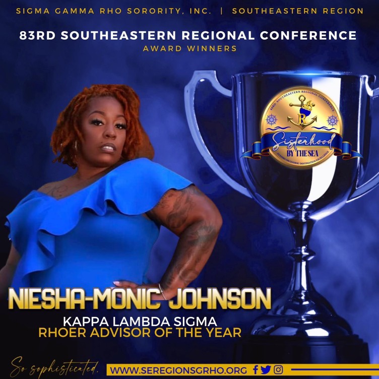 SRhoers's tweet photo. Congratulations are in order for Soror Niesha-Monic Johnson as she has been named the Southeastern Region's Rhoer Advisor of the Year! Great job Kappa Lambda Sigma and Soror Johnson on all of your dedication and hard work. Your love for Sigma and our beautiful Rhoers is evident! https://t.co/Mf6ZUEWlcW