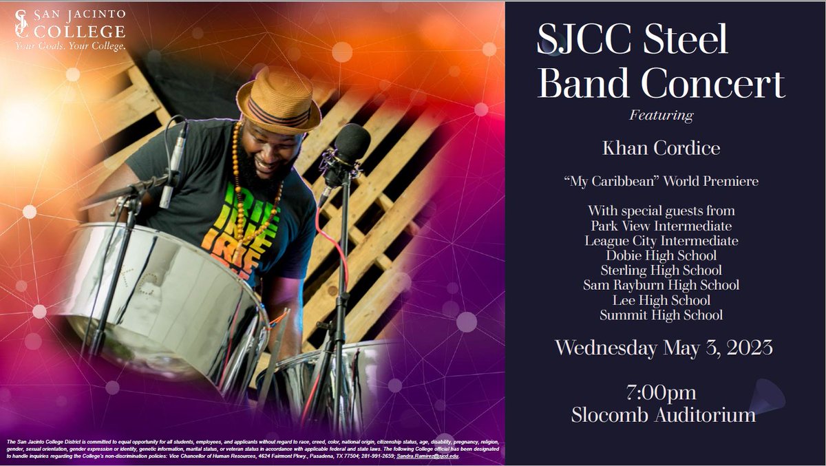 SJCCMusic's tweet photo. TONIGHT!  🛢️🛢️🛢️SJCC Steel Band World Premiere Concert is tonight, May 3 at 7:00 PM in Slocomb Auditorium!  Feat. Khan Cordice's "Shades of My Caribbean" -- 8 bands on 1 stage!  Don't miss it! @sanjaccollege #sjcspring23 @sanjacsteel #sjcfreeconcert https://t.co/md96RwnoEF 🛢️🛢️🛢️ https://t.co/x99kiQVa3A