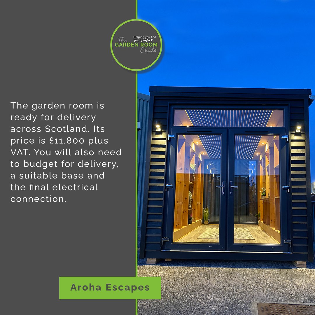 <a href="/ArohaEscapes/">Aroha Escapes</a> The cost of this pre-loved garden room is £11,800, excluding VAT, making it an affordable option for those looking for a high-quality office space. However, keep in mind that the price listed is for the unit only and does not include delivery, base, or electrical connection.