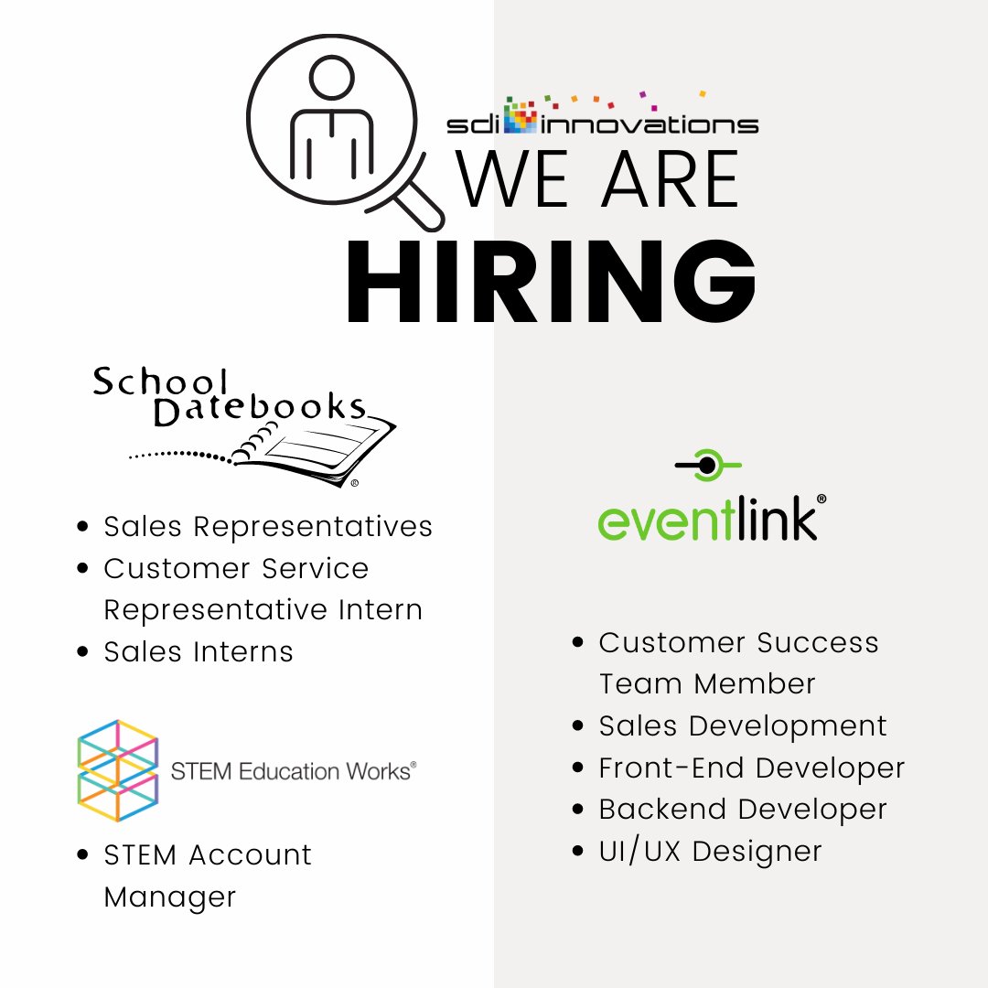 Join the #SDIInnovations family and work with fun brands like #STEMEducationWorks, #Eventlink, and #SchoolDatebooks! If you're a creative and enthusiastic individual who can handle puns and endless coffee, apply today! 

sdiinnovations.com/#jobs

#LoveWhereYouWork #LafayetteIN