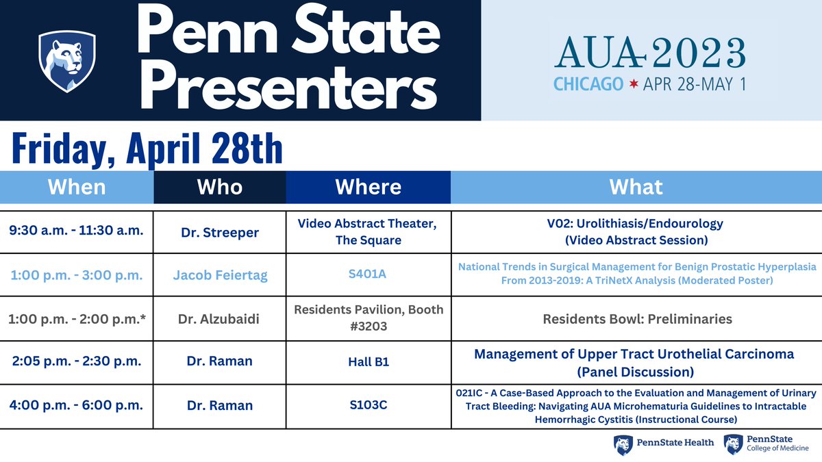 Penn State Urology (@psh_urology) on Twitter photo #AUA23 Check out these amazing sessions, posters and events today!! <a href="/NStreeps/">Necole Streeper</a> <a href="/urojdr/">Jay Raman</a> <a href="/AhmadAlZubeidi/">Ahmad AlZubaidi</a> <a href="/jacobfeiertag/">Jacob Feiertag, MD</a> #urology #UroSoMe #AUA23 Check out these amazing sessions, posters and events today!! <a href="/NStreeps/">Necole Streeper</a> <a href="/urojdr/">Jay Raman</a> <a href="/AhmadAlZubeidi/">Ahmad AlZubaidi</a> <a href="/jacobfeiertag/">Jacob Feiertag, MD</a> #urology #UroSoMe