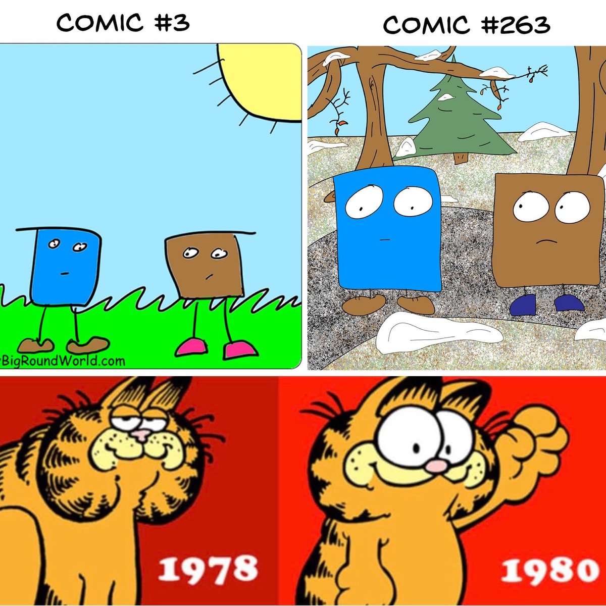 MyBigRoundWorld's tweet photo. Look, I'm no Jim Davis -- but a year of drawing my comic every day sure did improve my skills! See the progression yourself in my first book: https://t.co/hJcGiK1X24 (Yes, a shameless plug -- but I'm super proud of the book!) https://t.co/DekiuzVDps