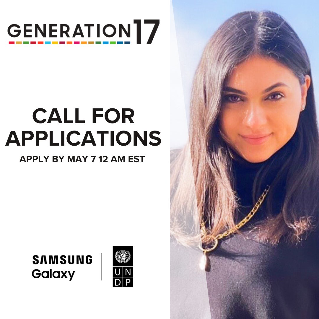 UNDP is looking for young leaders aged between 18-30 years old who are leading Global Goals-focused initiatives, to join their #Generation17 community. Find out more and apply before May 7!
undp.org/generation17
#Generation17 #Youth2030
@undp @samsung @UNDP4Youth @NadineKhaouli