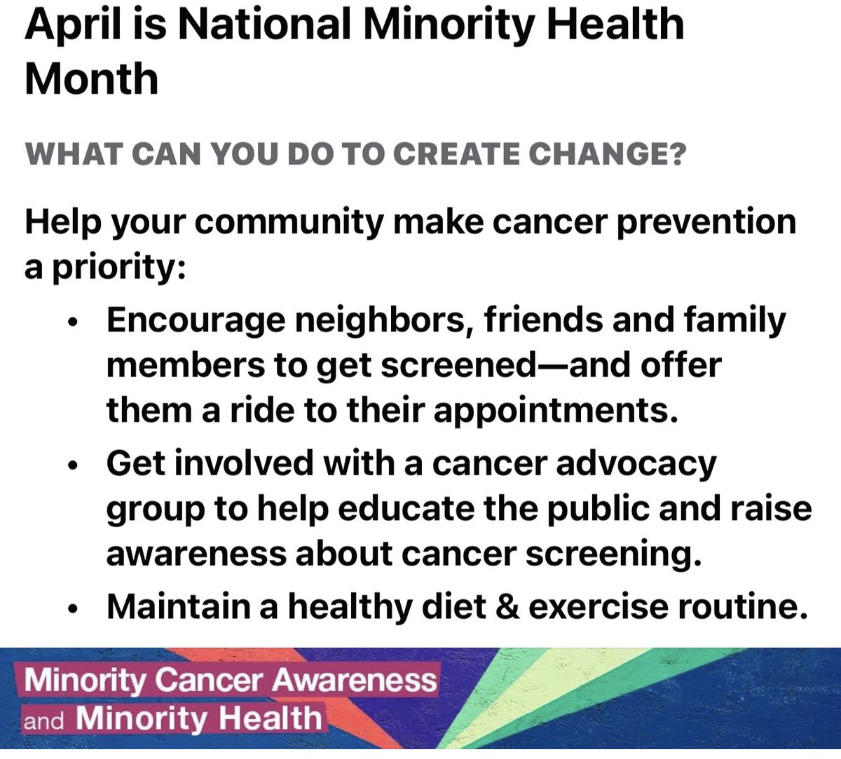 April is #MinorityHealthMonth - What You Can Do To Create #Change. #SIOHealthEquity #cancer #healthylifestyle #integrativeonc