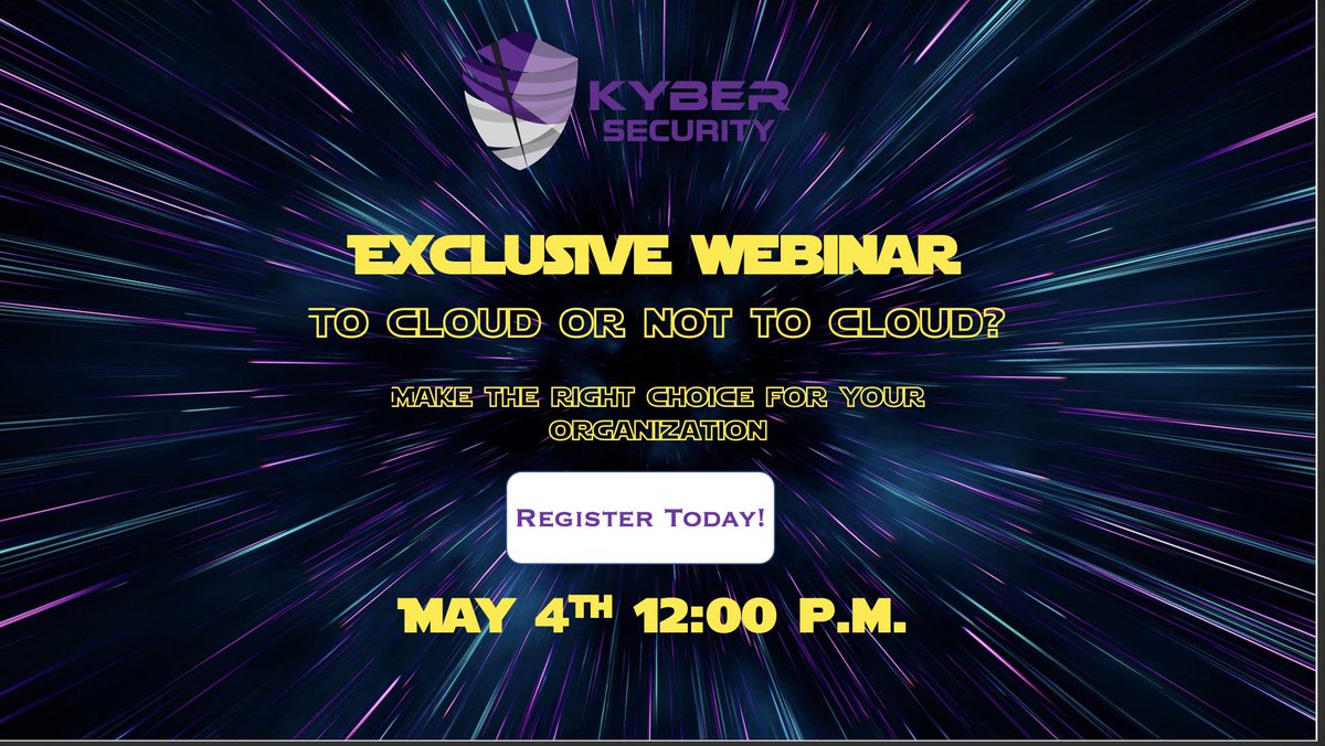 KyberSecurity's tweet photo. Is the cloud right for your organization? Find out at our info-packed webinar on May 4th, 12pm! Kyber Security's expert Bob Thomas will unveil key benefits, challenges, strategies, and tips for a smooth cloud transition. 

⏳ Spaces limited, RSVP now: https://t.co/jQ744cBmCM https://t.co/Yey6KBn4JK