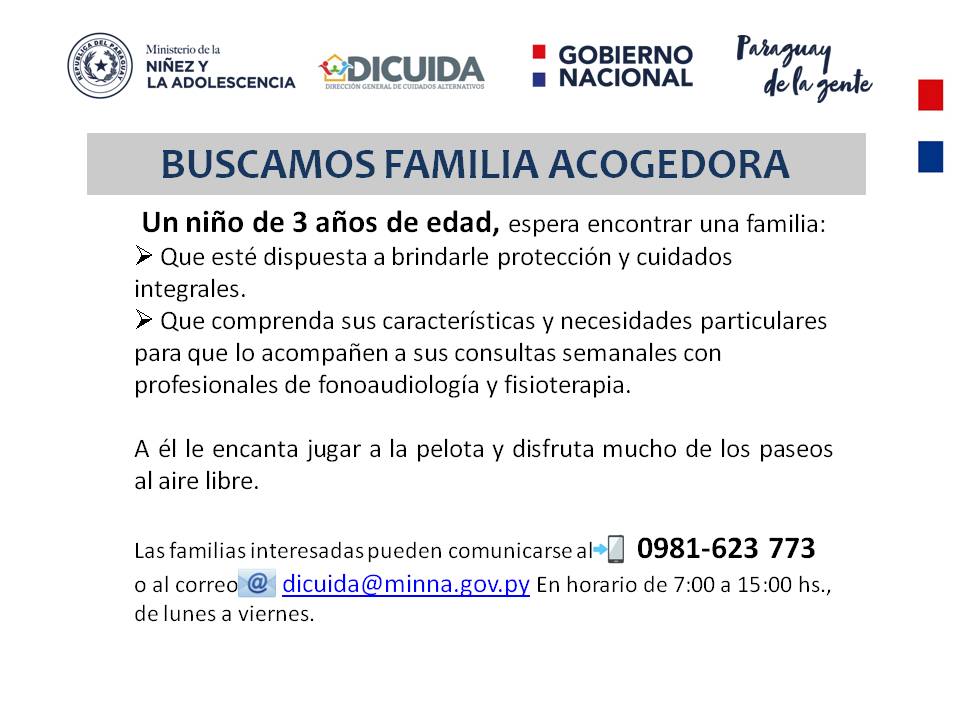 MINNAParaguay's tweet photo. 💌 Ser familia acogedora, no es solo brindar un lugar seguro para una niña, niño o adolescente, es dar amor a quienes más lo necesitan.

👉 Buscamos #FamiliaAcogedora o persona dispuesta a recibir en su hogar a un niño de 3 años.
#TodosSomosResponsables https://t.co/BYtapvsGdZ