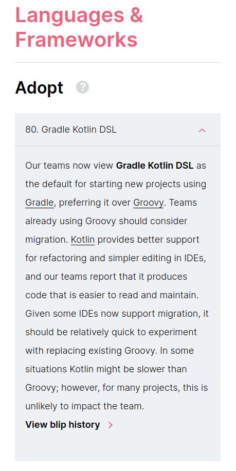 OMG it warms my heart to see the Gradle Kotlin DSL move to ADOPT in the Thoughtworks Tech Radar! 
thoughtworks.com/radar/language…