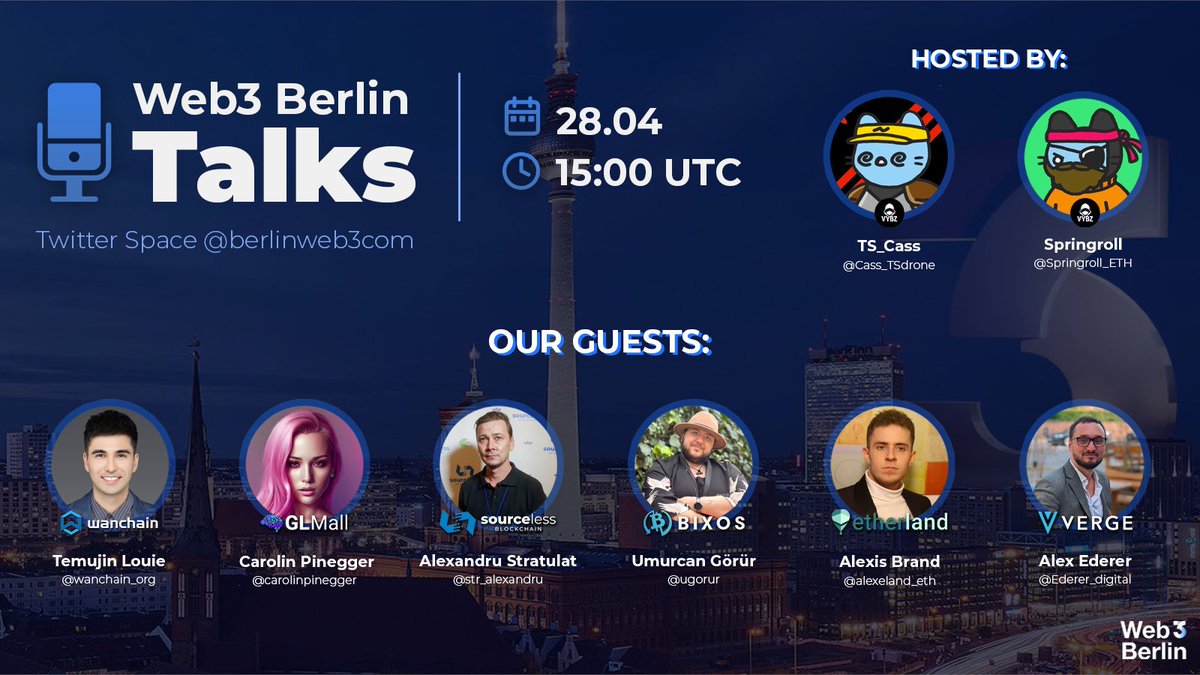 Web3 Global (@web3globalmedia) on Twitter photo 🎙️Join Web3 Berlin Talks this Friday, hosted by our friends <a href="/Cass_TSdrone/">🥷ドレッドワン🥷</a> and @Springroll_ETH!
👇 Set Reminder: x.com/i/spaces/1BdGY…
🤝 Guests:
<a href="/vergecurrency/">VergeCurrency $XVG | $XVGETH | $XVGPOL</a>
<a href="/GLMallOfficial/">GLMall</a>
<a href="/SourcelessB/">SourceLess</a>
<a href="/EtherLandID/">Etherland</a>
<a href="/Bixosinc/">Bixos Incorporation</a>
<a href="/wanchain_org/">Wanchain</a>
<a href="/Vybz_Gr/">VYBZ</a> 🎙️Join Web3 Berlin Talks this Friday, hosted by our friends <a href="/Cass_TSdrone/">🥷ドレッドワン🥷</a> and @Springroll_ETH!
👇 Set Reminder: x.com/i/spaces/1BdGY…
🤝 Guests:
<a href="/vergecurrency/">VergeCurrency $XVG | $XVGETH | $XVGPOL</a>
<a href="/GLMallOfficial/">GLMall</a>
<a href="/SourcelessB/">SourceLess</a>
<a href="/EtherLandID/">Etherland</a>
<a href="/Bixosinc/">Bixos Incorporation</a>
<a href="/wanchain_org/">Wanchain</a>
<a href="/Vybz_Gr/">VYBZ</a>