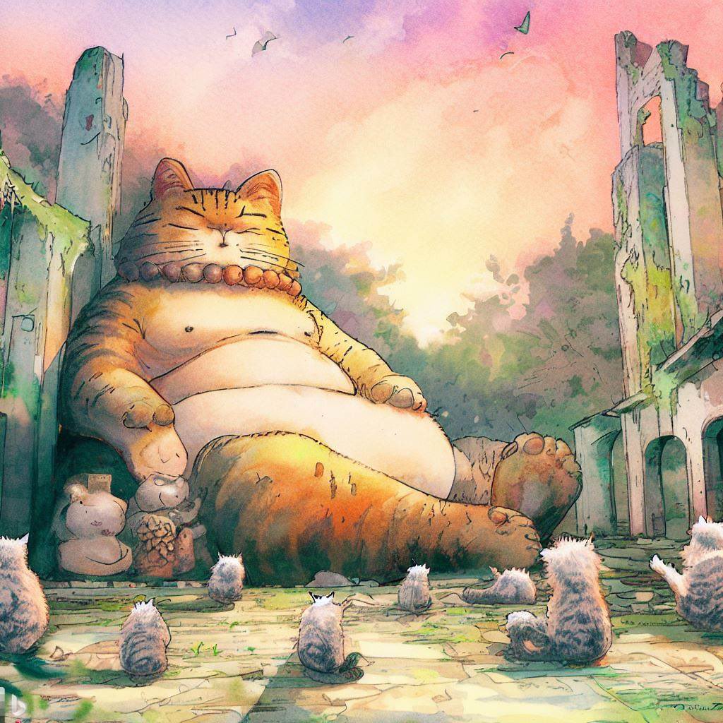 hiroshikuze's tweet photo. The version that cats adore. 猫たちが崇めているバージョン #猫 #仏像 #廃寺 #水彩画 #夕焼け #cat #Catarts #bingimagecreator   https://t.co/OpqBuvGl2Y https://t.co/CEvdZi8pT2