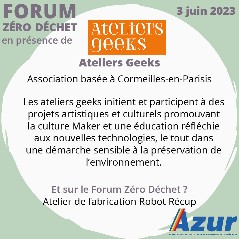 SyndicatAzur's tweet photo. Les @AteliersGeeks   seront présents le 3 juin au #ForumZéroDéchet et vous proposeront de fabriquer des robots recup'

@VilleArgenteuil @villedebezons @VilleCormeilles #lafrettesurseine

#recup #fabrication #zérodéchet #reemploi #ateliersgeeks #robot https://t.co/SzroMH1Fvu