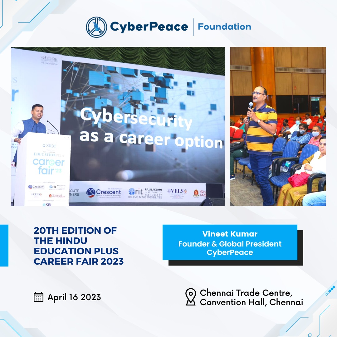 CyberPeace Foundation (@cyberpeacengo) on Twitter photo <a href="/CyberVineet/">Vineet Kumar</a>, in the 20th edition of “The Hindu Education Plus #CareerFair 2023” shared insights on opportunities and developments in #cybersecurity courses in the education sector along with the various initiatives of #CyberPeace☮️ with several institutions. <a href="/CyberVineet/">Vineet Kumar</a>, in the 20th edition of “The Hindu Education Plus #CareerFair 2023” shared insights on opportunities and developments in #cybersecurity courses in the education sector along with the various initiatives of #CyberPeace☮️ with several institutions.