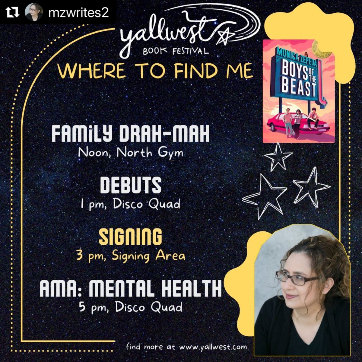 LEEandLOW's tweet photo. Heading to @YALLWEST this Saturday? Find Boys of the Beast author @MZWrites at these events throughout the day, including a book signing at 3 PM! 📚✨ #YALLWEST#BoysoftheBeast https://t.co/nD4dgOW1n6