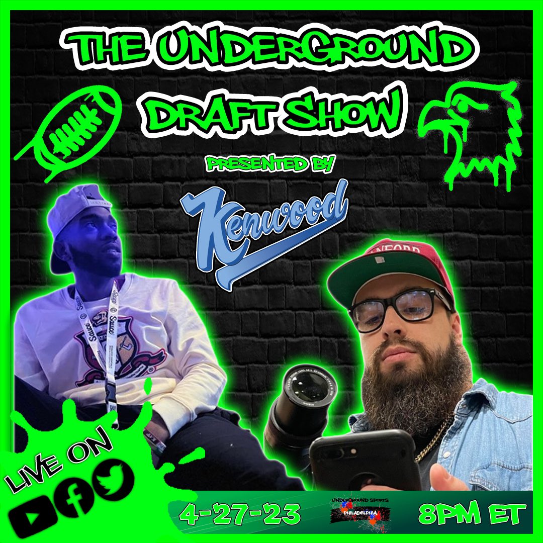 UndergroundPHI's tweet photo. TONIGHT!

The Annual Underground Draft Show hosted by @KBizzl311 &amp; @SCs_nextgreat LIVE on YouTube, Facebook &amp; Twitter! Come hang with the most interactive Draft Show on the Internet &amp; react to ALL the first round action 🏈

Presented by @kenwoodbeer 🍻

#NFLDraft | #FlyEaglesFly https://t.co/nioH4B6IfM