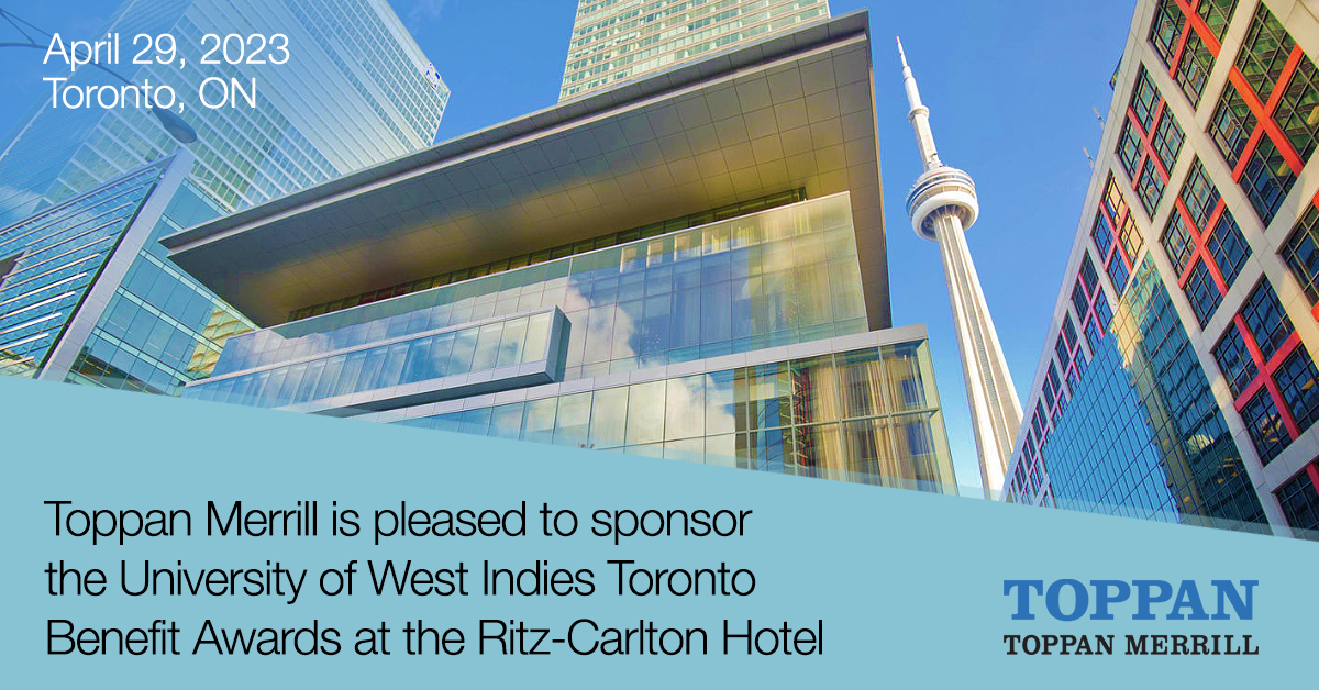 Toppan_Merrill's tweet photo. Toppan Merrill is proud to sponsor the 2023 UWI Toronto Awards happening this Saturday. Looking forward to celebrating an amazing group of honorees! https://t.co/Y3JzRudHgl