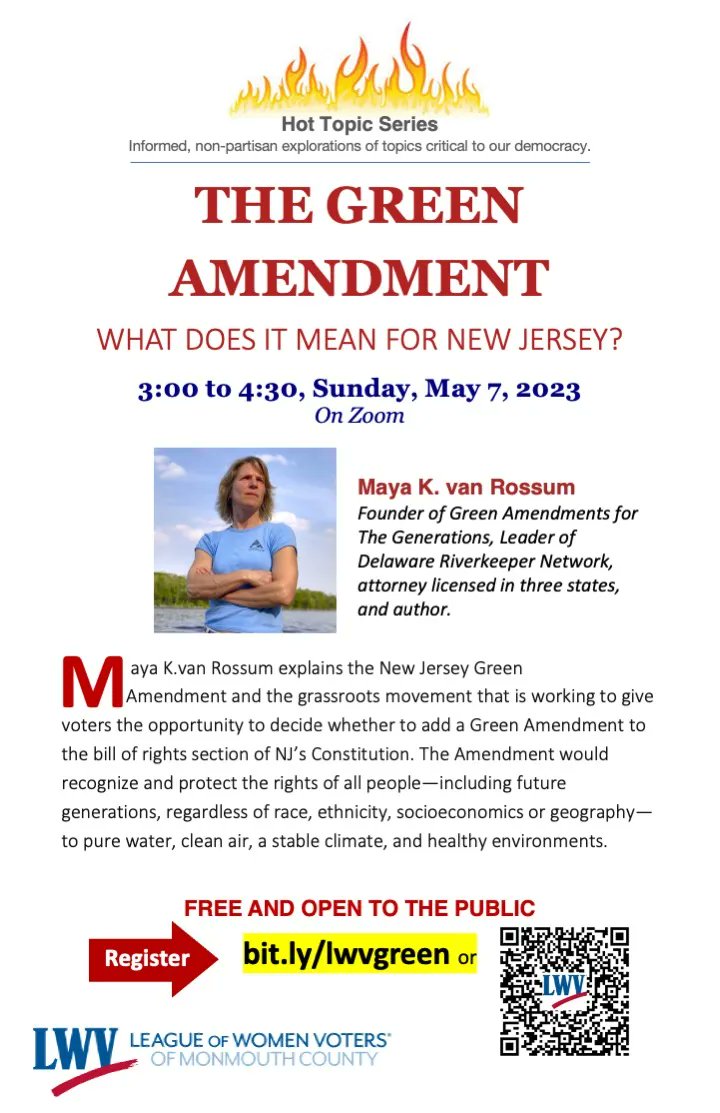 Don't miss this event on the Green Amendment: Sunday, May 7th!

Maya van Rossum, Founder of @GreenAmendments will join LWV Monmouth to discuss their fight to guarentee protection for all people to pure water, clean air, and a stable climate in NJ.
Sign up: bit.ly/lwvgreen