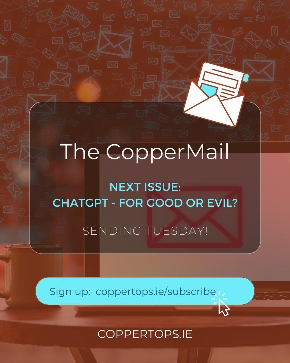 coppertopsbiz's tweet photo. SO MUCH TALKING about ChatGPT (and debate!)
Let's start with whether it's a great addition or a terrible idea before looking at how to use it effectively.
This issue goes out ๐ง๐๐ฒ๐๐ฑ๐ฎ๐, sign up now so you don't miss it! https://t.co/bKJfTgpwWp
#chatGPT #Coppertops #CopperMa https://t.co/0MOLj9C7Ba