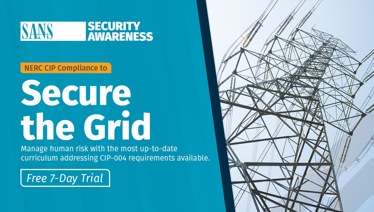 SANSWorkforce's tweet photo. ๐ก๏ธ Secure the Grid with SANS Security Awareness NERC CIP Training
Ready to deliver the knowledge and skills necessary to keep your org compliant and secure?
โก๏ธ Gain access to your FREE 7-day trial now: https://t.co/BrGAswV3RV
#SecureTheGrid #NERCCIP #Compliance https://t.co/SiOkprnP1p