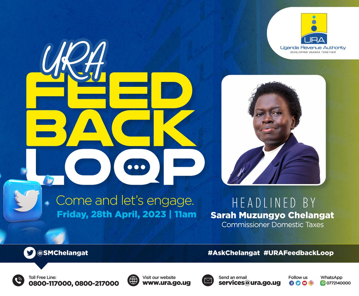URAuganda's tweet photo. In partnership with every taxpayer, the URA is working toward increased domestic revenue mobilization.

Let's make this a reality, together! 

Join the Commissioner Domestic Taxes tomorrow at 11am for a chat on all matters relating to your taxes.
#AskChelangat
#URAFeedbackLoop https://t.co/3MyEi408e2