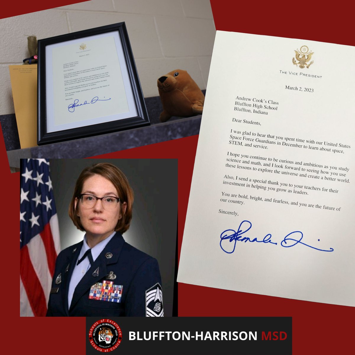BHMSDnews's tweet photo. Mr. Cook's computer sciences students at BHS heard from CMSgt Wendee Roberson, U.S. Space Force, as part of the STEMtoSpace initiative in December. She talked to students about her job. Then this month Mr. Cook received a letter from Vice President Harris! #BHMSD #oneBluffton https://t.co/zr8Cb8084k