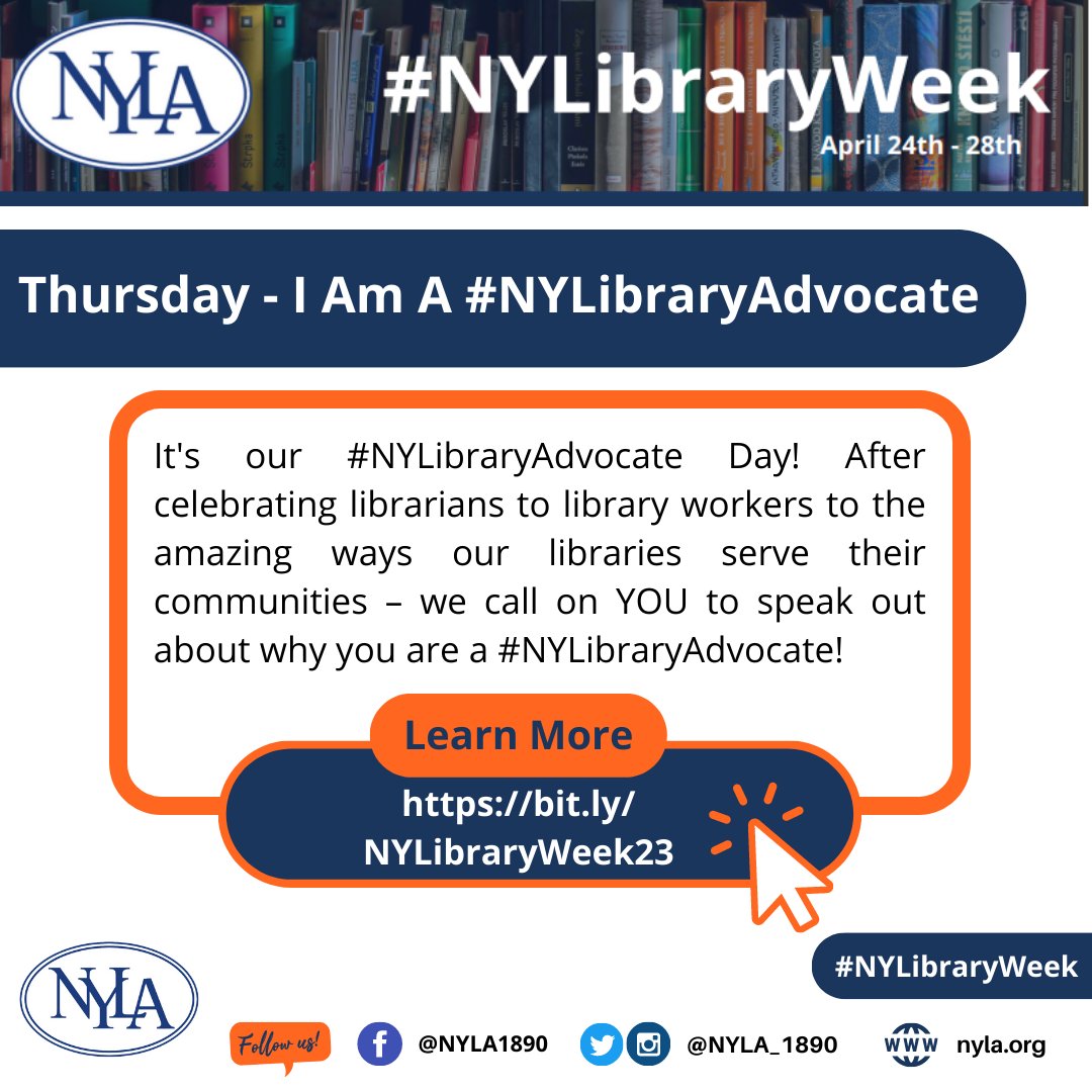 NYLA_1890's tweet photo. It's our #NYLibraryAdvocate Day! After celebrating librarians to library workers to the amazing ways our libraries serve their communities – we call on YOU to speak out about why you are a #NYLibraryAdvocate! Learn more about #NYLibraryWeek 👉️https://t.co/KtdfRnB86d https://t.co/dSuAhGybBg