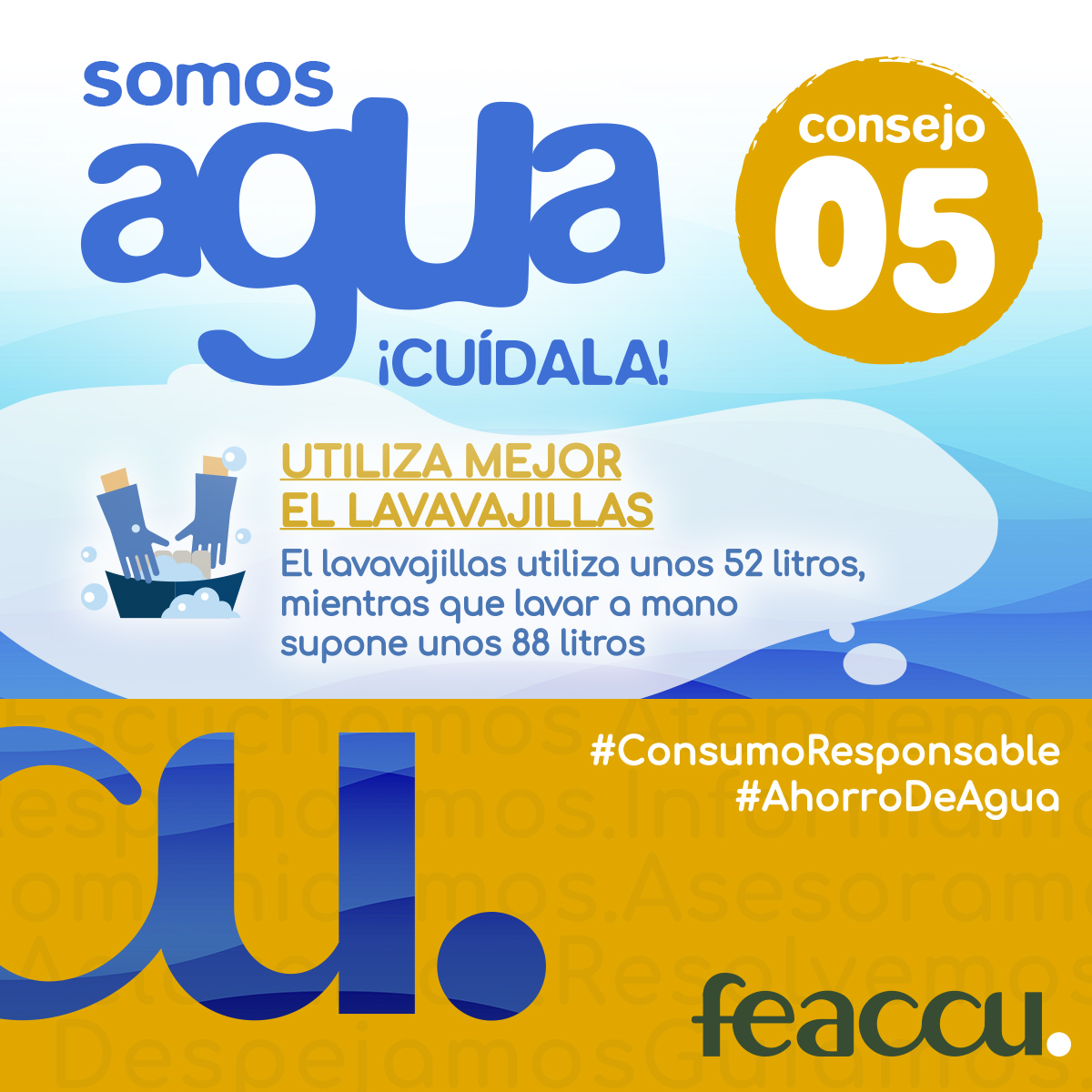 feaccuhuesca's tweet photo. En #FEACCU os proponemos un #ConsumoResponsable del #Agua💧, para concienciar sobre su ahorro.

Utiliza el lavavajillas. Lavar los platos a mano 🍽️ consume una media de 88 litros 👉🏼SOMOS AGUA ¡CUÍDALA! 💦

#Feaccu #ConsumidoresyUsuarios #Agua #ConsejosAgua https://t.co/bUcYzFfWnY