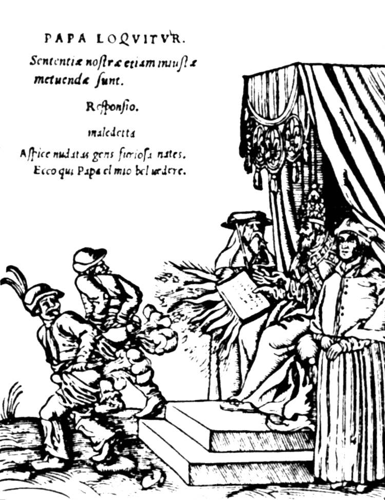 This is a 16th Century woodcut of a group of German Peasants farting at Pope Paul III. Looks like they are attempting to blow out his fire and brimstone. What's there not to like!