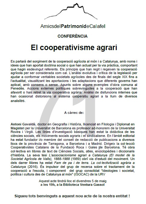 📢Pròxim acte dels Amics: conferència d'Antoni Gavaldà sobre el cooperativisme agrari.
🗓️5 de maig de 2023
📍Biblioteca Ventura Gassol <a href="/bibliocalafell/">bibliotequescalafell</a> 
🕖19 h