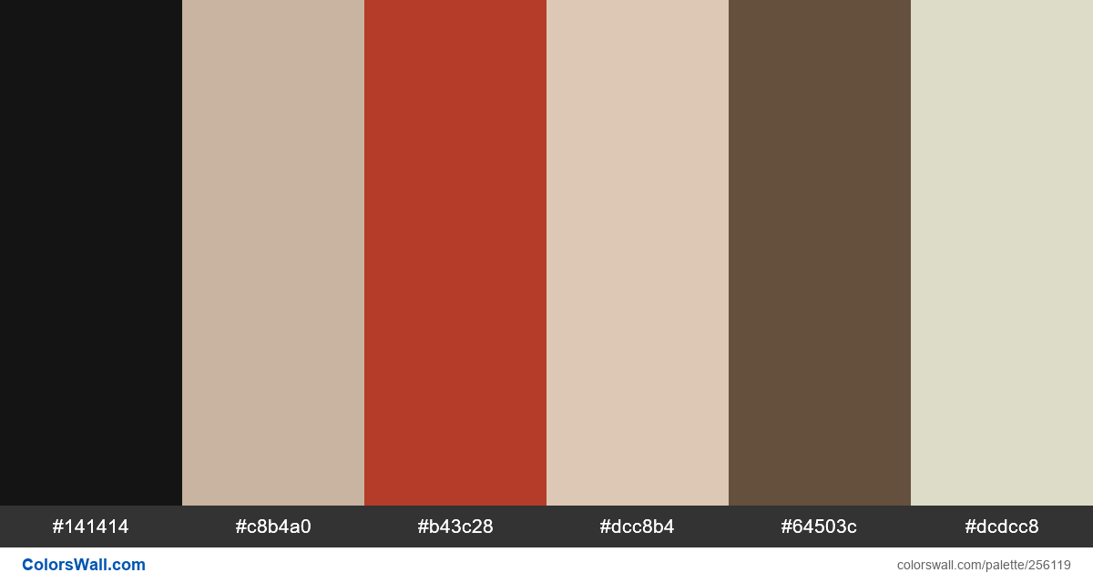 colorswall's tweet image. Dkng studios logo branding colors #141414, #c8b4a0, #b43c28, #dcc8b4, #64503c, #dcdcc8 #colors #palette colorswall.com/palette/256119