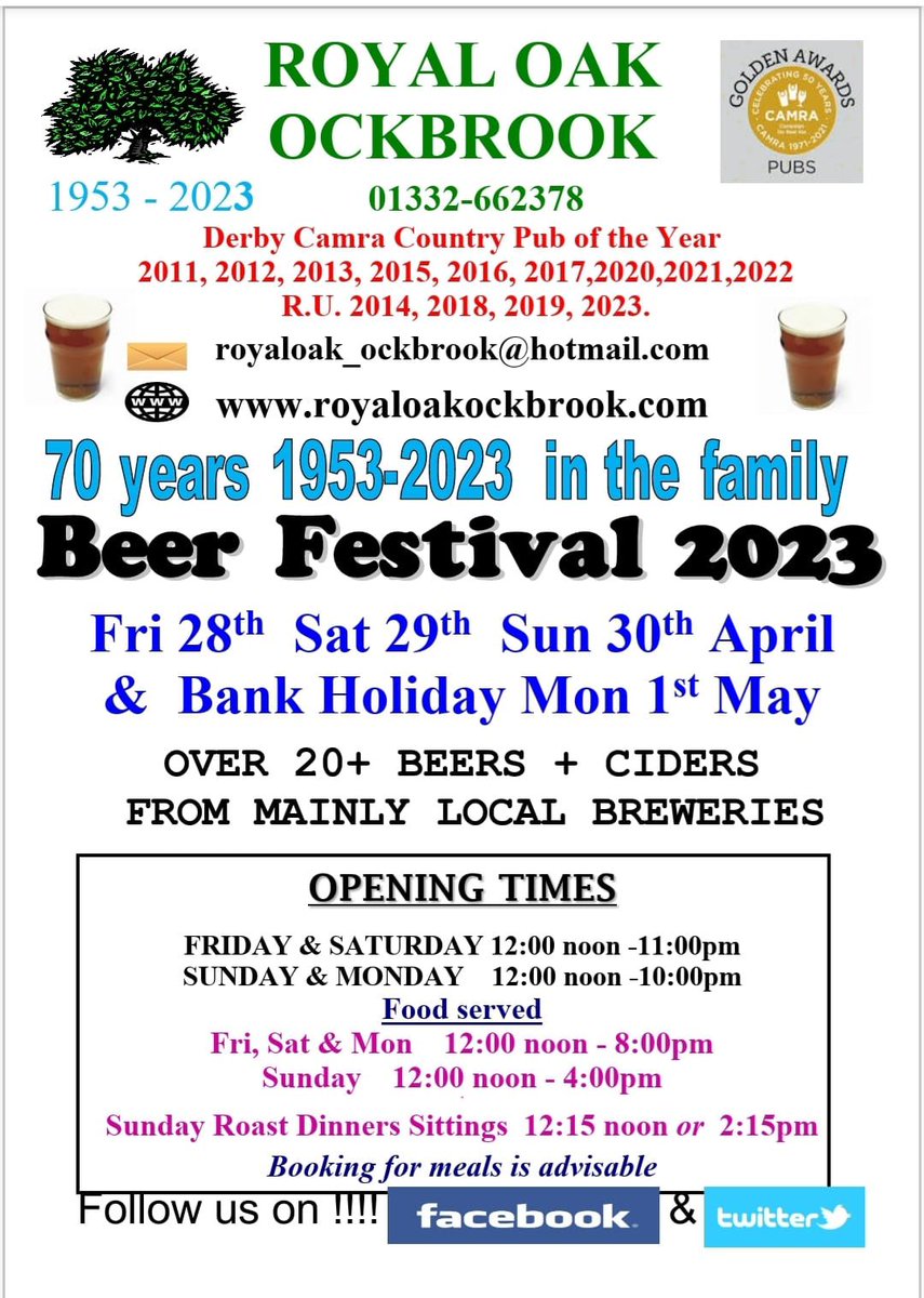 _royaloak's tweet photo. @radioderby @derbypromo @DerbyCAMRA @CAMRA_Official   Join us for our 70th anniversary #beerfestival #Derby @OurDerby @derbyshire_live #bankholiday https://t.co/7HRK9AfAFW