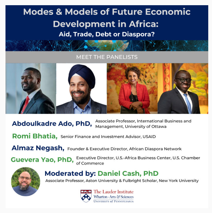 ADN founder and executive director, Almaz Negash, joins the ‘Economic Development in Africa’ panel at UPenn on April 28 to explore the dichotomy between visions of Africa’s economic future, such as those pointing to the power of the African diaspora, foreign investment, and tech