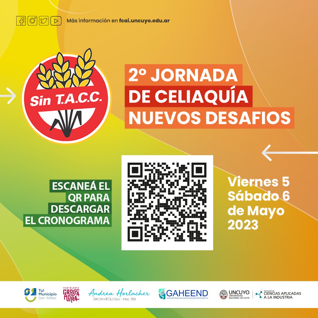 FCAI_UNCuyo's tweet photo. 2° JORNADA DE CELIAQUÍA: NUEVOS DESAFÍOS✅

👉Escaneá el QR para descargar el cronograma

Desde el Viernes 05 al Sábado 08 de Mayo 2023

#SomosFCAI https://t.co/LCAKF7Cl3O