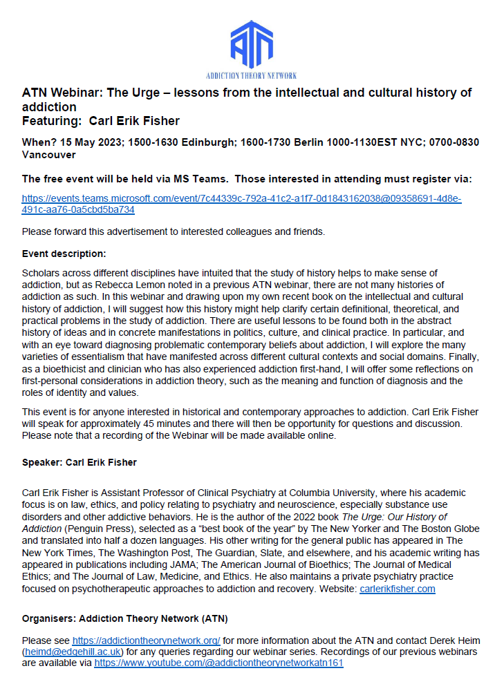 AddictTheoryNet's tweet image. Registration for our next free webinar (15 May 2023) featuring @DrCarlErik (“The Urge – lessons from the intellectual and cultural history of addiction”) is now open:
events.teams.microsoft.com/event/7c44339c…