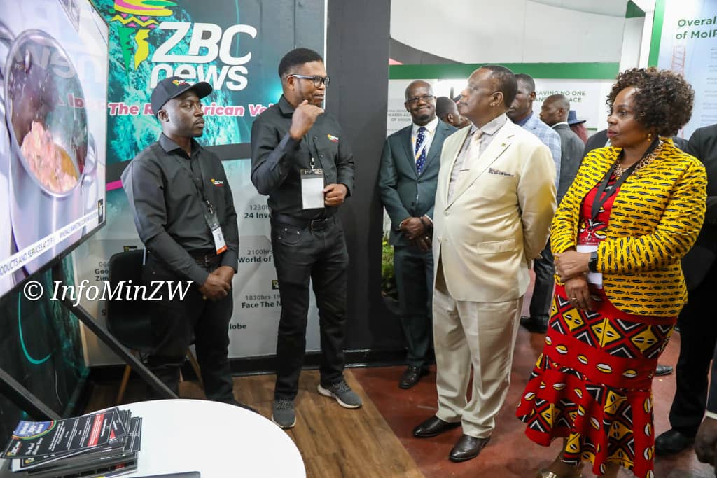 InfoMinZW's tweet photo. Vice President and the Minister of Health and Child Care Dr C.G.D.N Chiwenga today toured the Ministry of Information @InfoMinZW pavilion at #ZITF2023. 
VP Chiwenga had an appreciation of various strides made in the media sector under the Second Republic. 
@ZBCNewsonline, @KeyonaTv, @great_zimuniv, @ZTNPrime and @nrtv_zw 
#ZITF2023