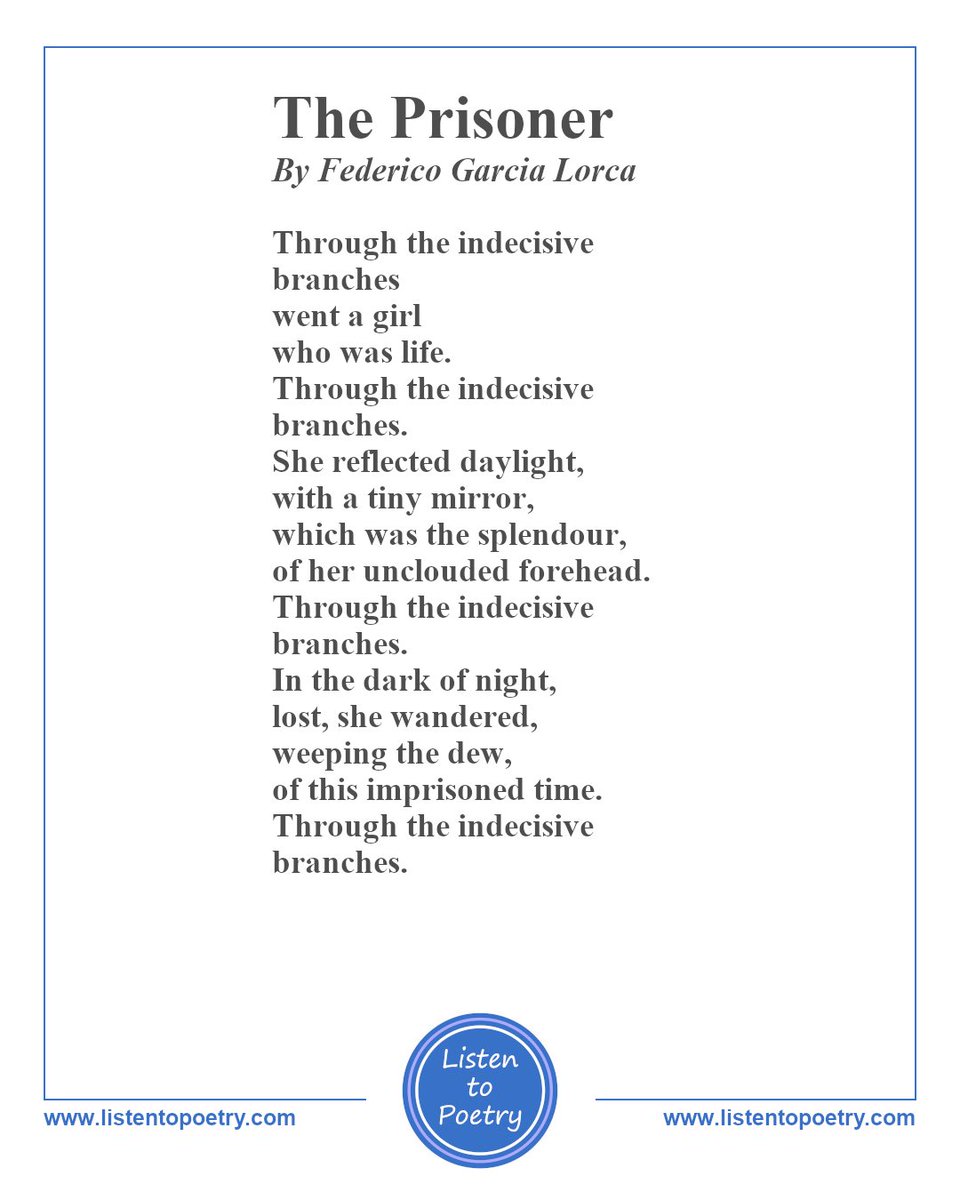 ListentoPoetry's tweet photo. Listen to #ThePrisoner by #FedericoGarciaLorca #SpanishPoet #Playwright on #ListentoPoetry . Read in #Spanish by #XavierPanadesiBlas #CatalanPoet English translation by #AJKline 
https://t.co/OVru8ZmjR1
#fbpublishers #InkSweat&amp;Tears #irllull #Poetry #PoetryCommunity https://t.co/uTrHYFNttl