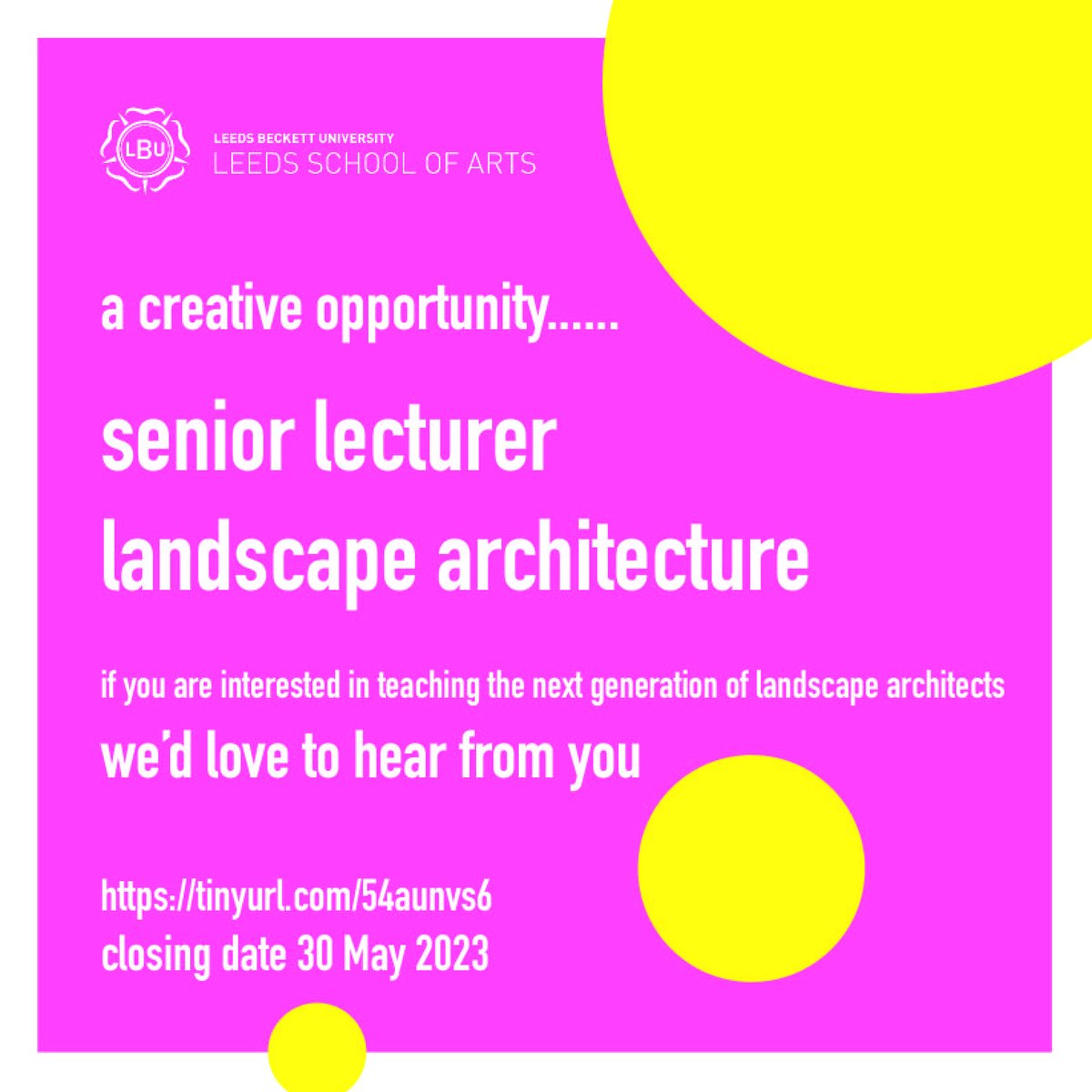 Vacancy: Senior Lecturer in Landscape Architecture, Leeds Beckett University

Attractive salary
0.8 full time equivalent
Closing date: 30/05/2023
Full details and application process: tinyurl.com/54aunvs6