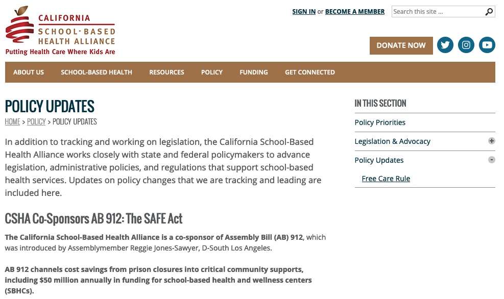 AHWG submitted a letter in support of CA's AB 912 (Jones-Sawyer) – Strategic Anti-Violence Funding Efforts (SAFE) Act.
The deadline for letters of support is Fri. 4/28. You can view all of the details on the <a href="/sbh4ca/">California School-Based Health Alliance</a> website and download a sample letter:
schoolhealthcenters.org/policy/policy-…